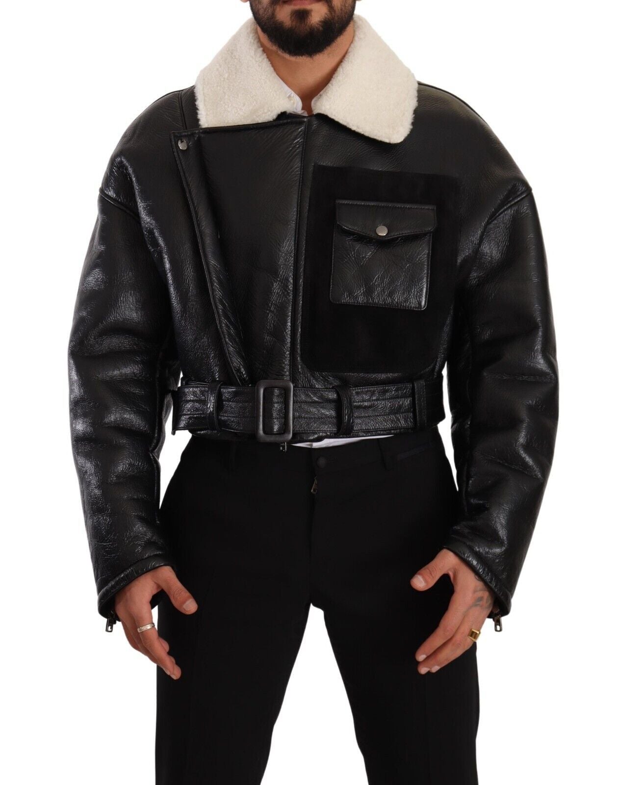 Dolce & Gabbana – Schwarze Bikerjacke aus Leder mit Lammfell