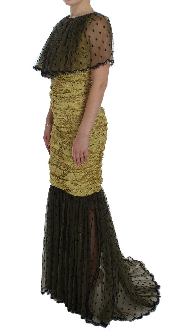 Dolce & Gabbana Gelb-Schwarzes Ricamo-Kleid aus floraler Spitze