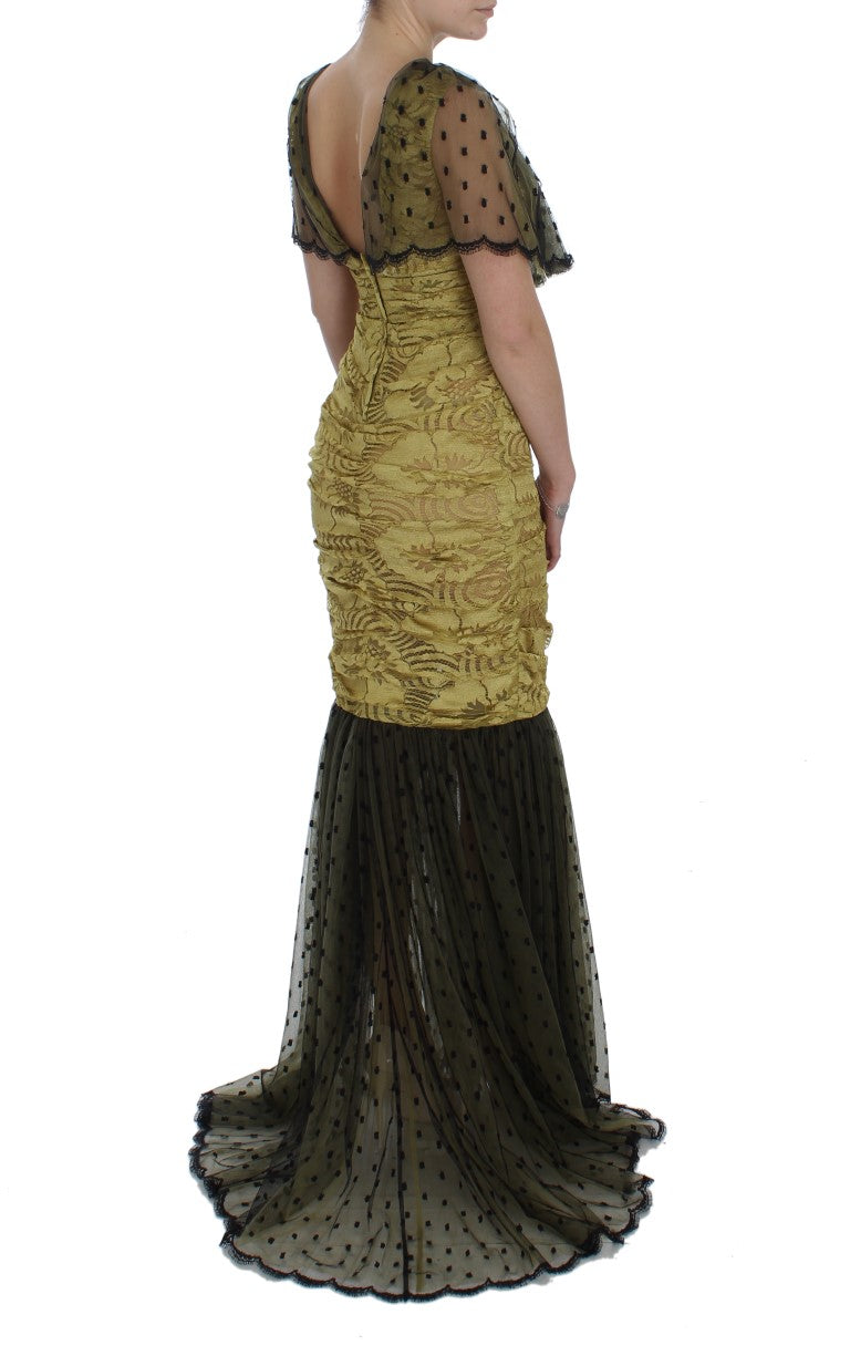 Dolce & Gabbana Gelb-Schwarzes Ricamo-Kleid aus floraler Spitze
