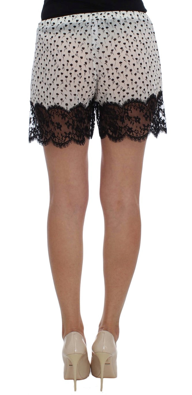 Dolce & Gabbana – Nachtwäsche-Shorts aus Seide mit Blumenspitze in Weiß und Schwarz