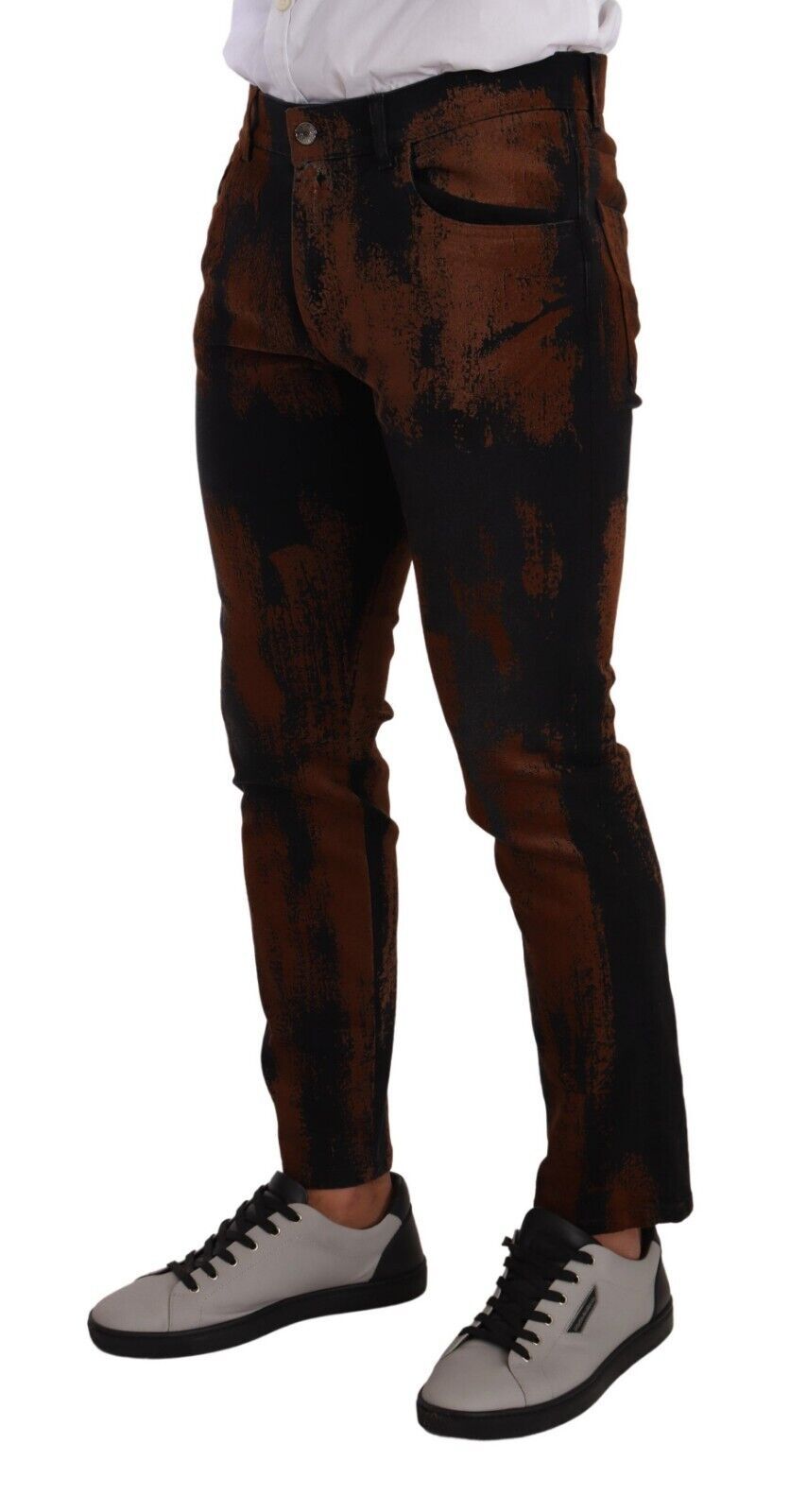 Dolce & Gabbana – Skinny-Jeans aus Baumwolle in Schwarz und Braun mit Batikmuster