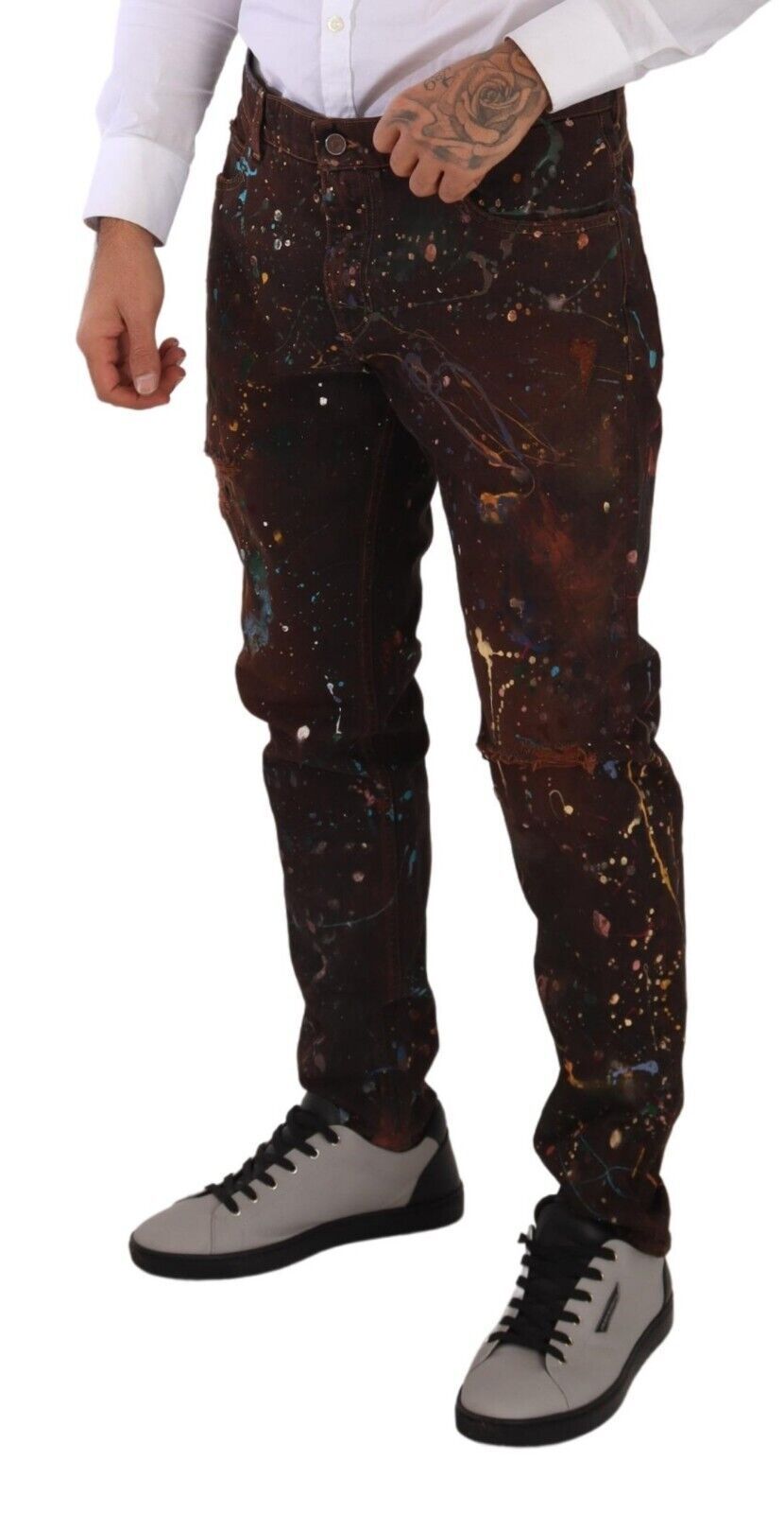 Dolce & Gabbana – Jeans aus Baumwoll-Jeansstoff in Braun mit Farbspritzern