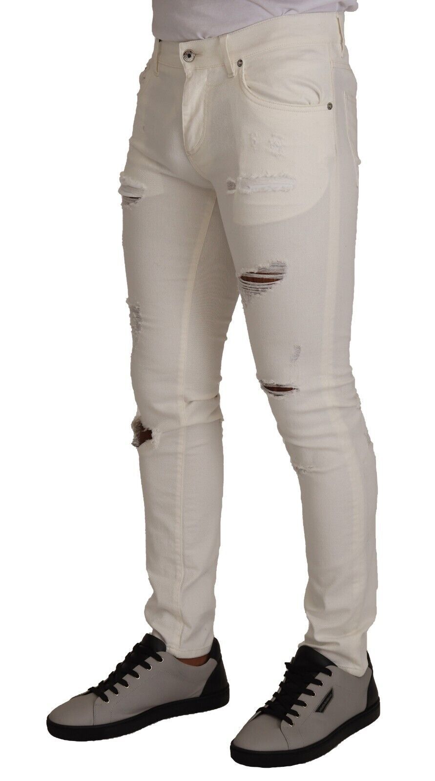 Dolce & Gabbana – Weiße, zerfetzte Skinny-Jeans aus Baumwolle für Herren
