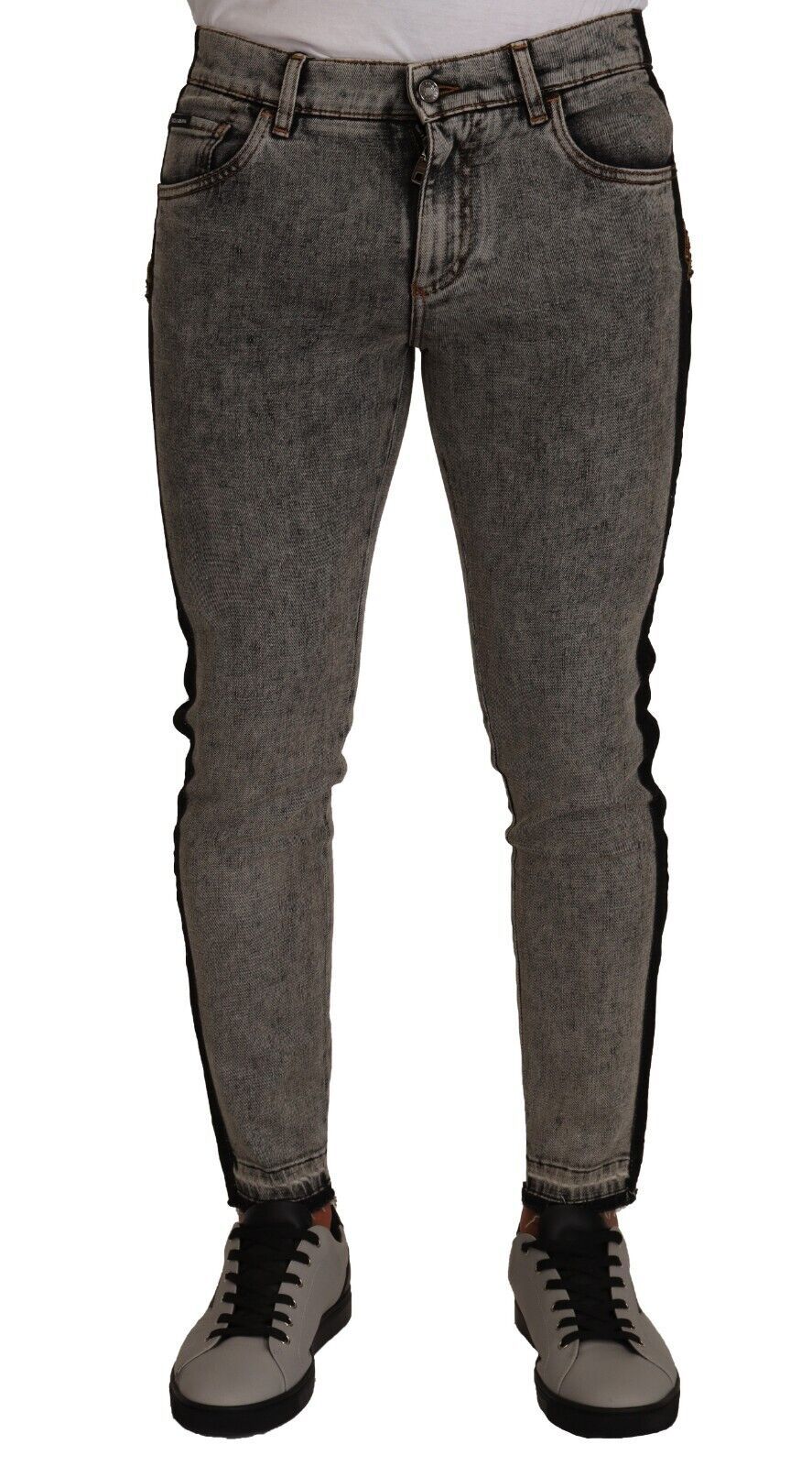 Dolce & Gabbana – Enge Jeans aus Denim in Grau mit Kronenverzierung