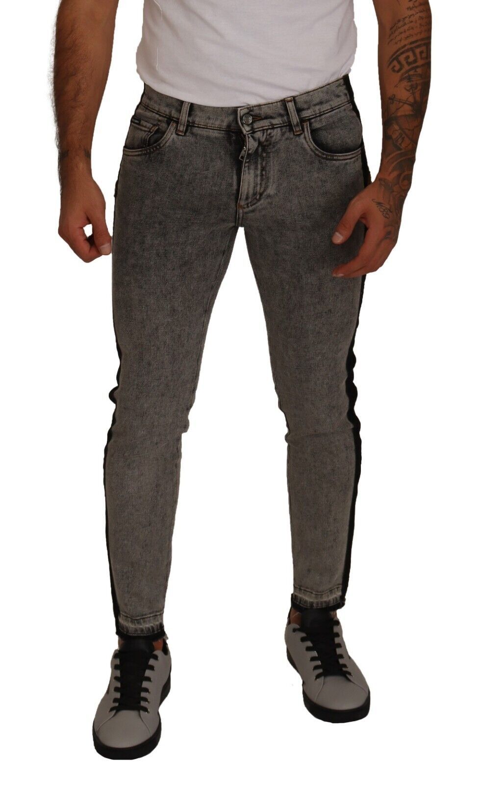 Dolce & Gabbana – Enge Jeans aus Denim in Grau mit Kronenverzierung