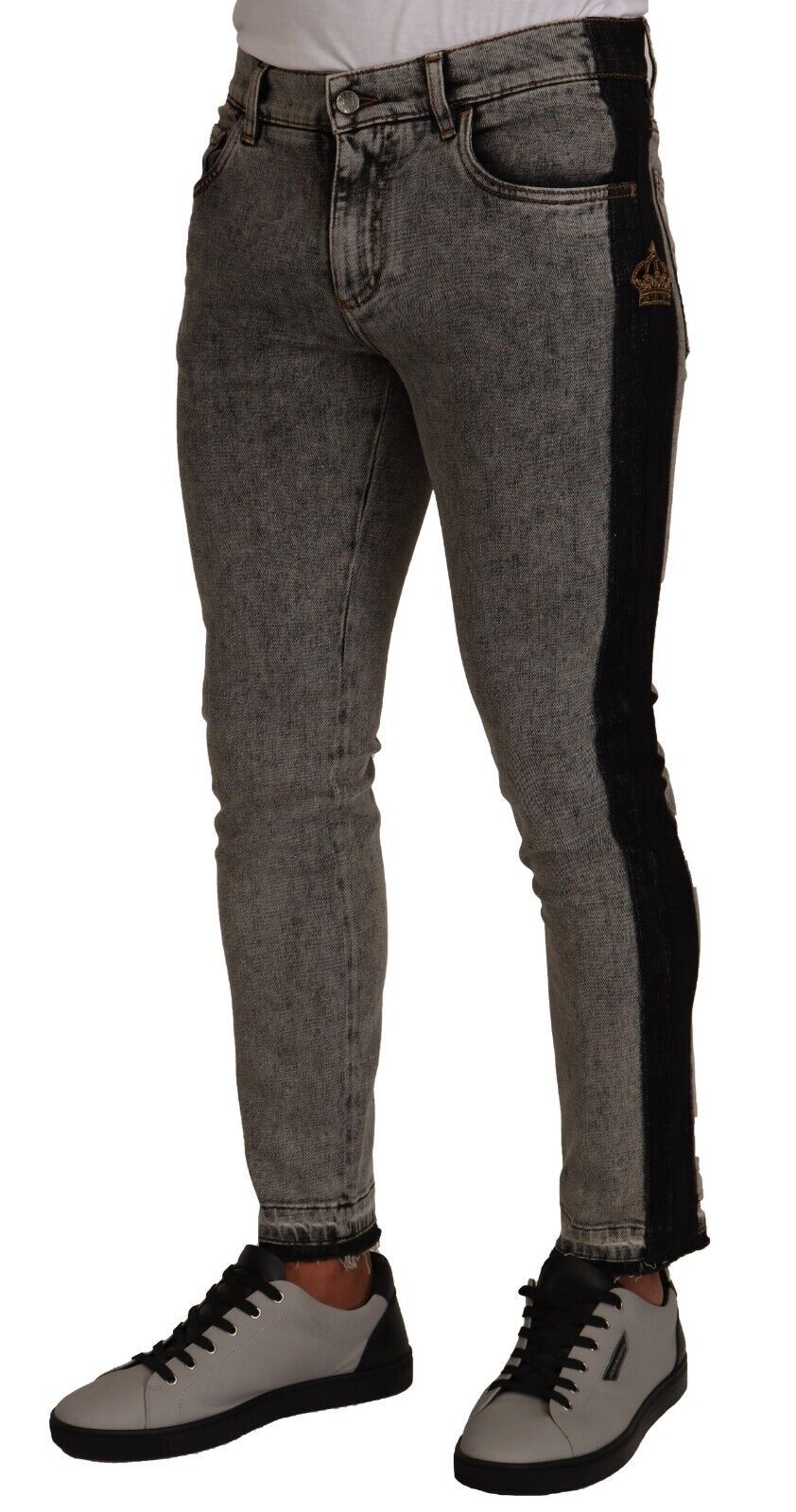 Dolce & Gabbana – Enge Jeans aus Denim in Grau mit Kronenverzierung