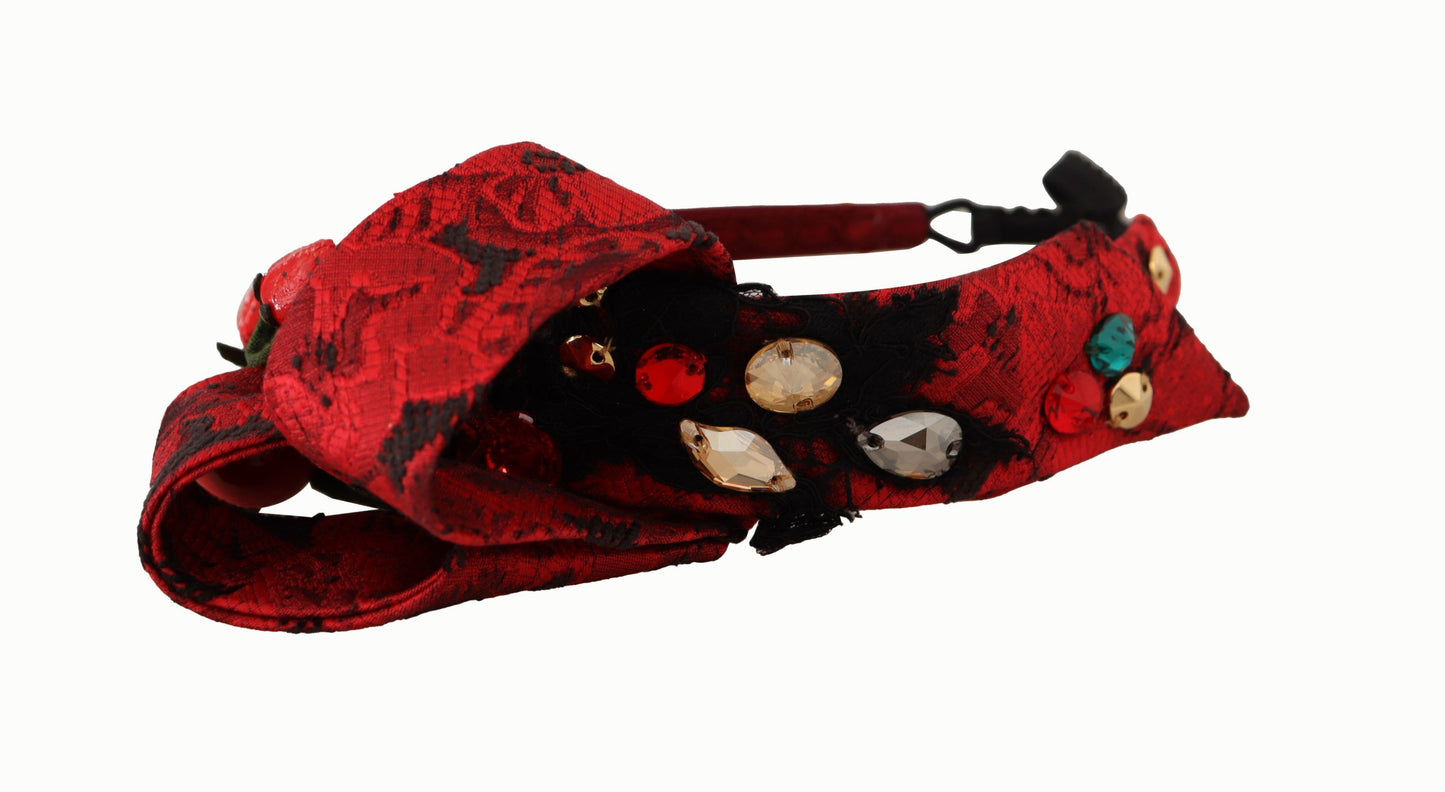 Dolce & Gabbana – Kirschrotes Seiden-Diadem mit Kristallschleife und Logo