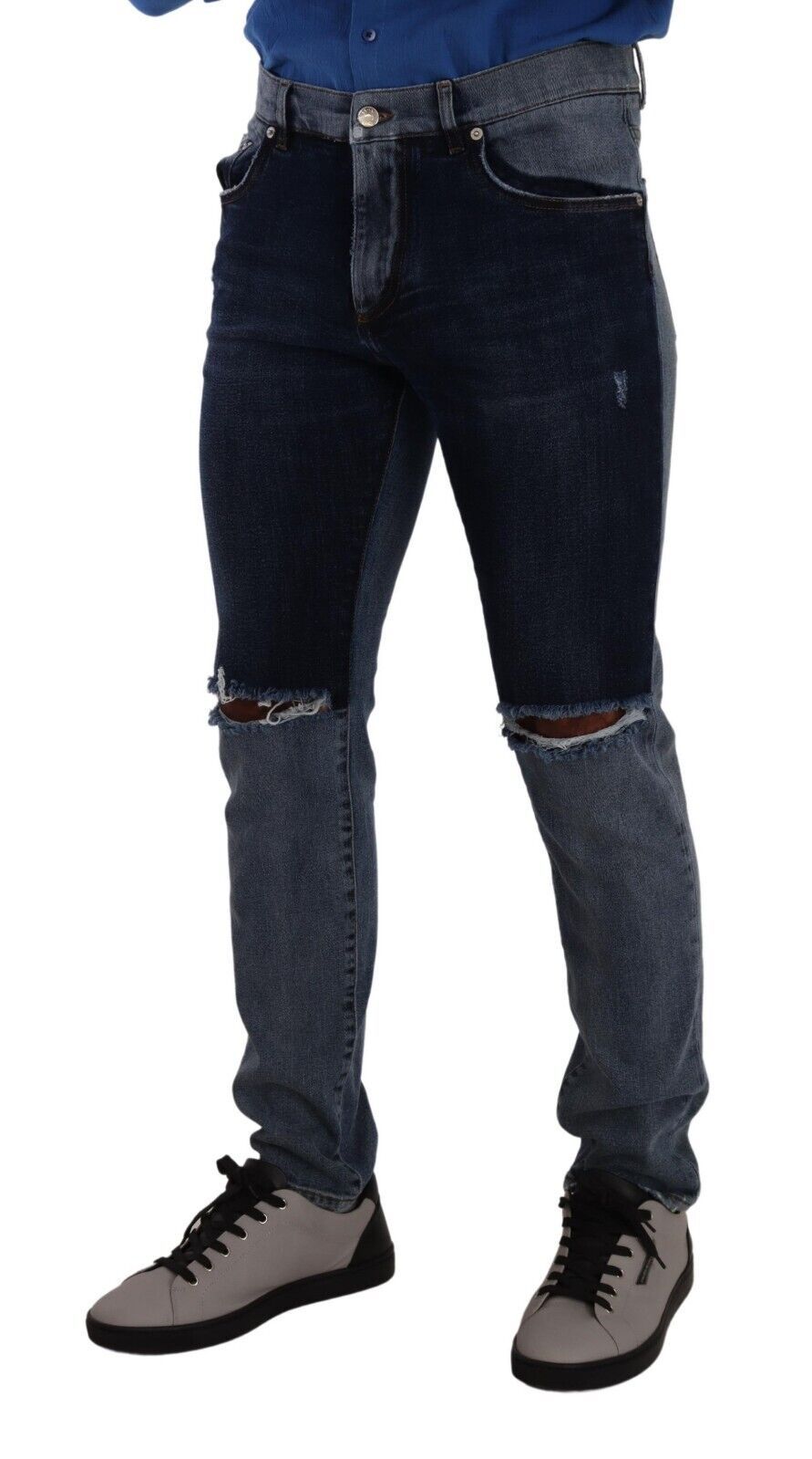 Dolce & Gabbana – Zweifarbige Slim-Jeans aus zerfetzter Baumwolle in Blau