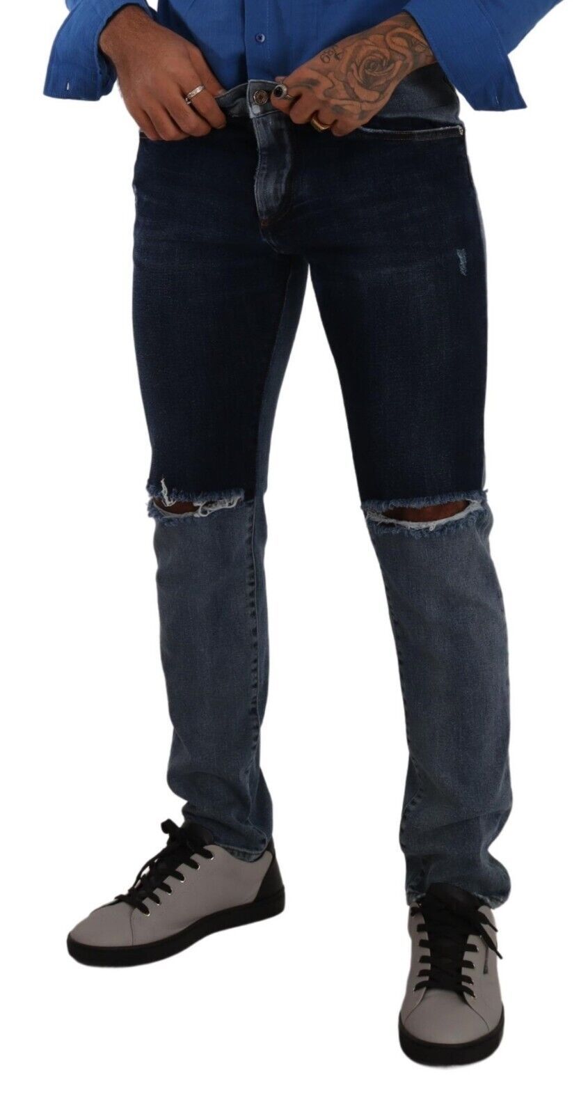 Dolce & Gabbana – Zweifarbige Slim-Jeans aus zerfetzter Baumwolle in Blau