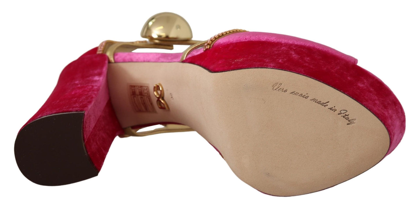 Dolce & Gabbana Rosa Samt Kristall Knöchelriemen Sandalen Schuhe