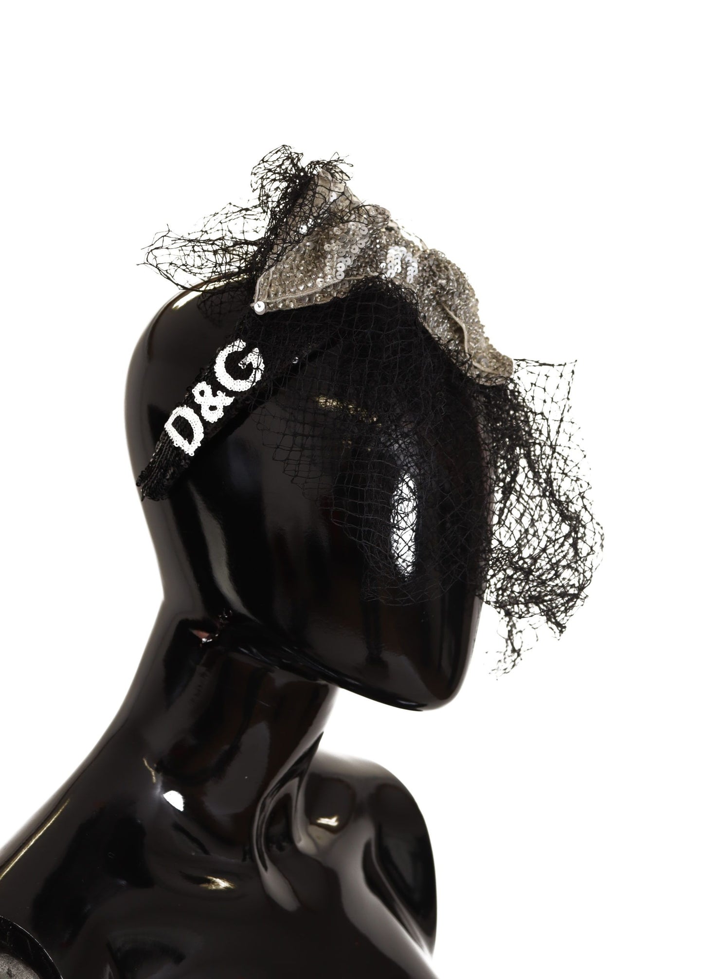 Dolce & Gabbana – Schwarzes Fascinator-Diadem-Stirnband mit Logo und Pailletten