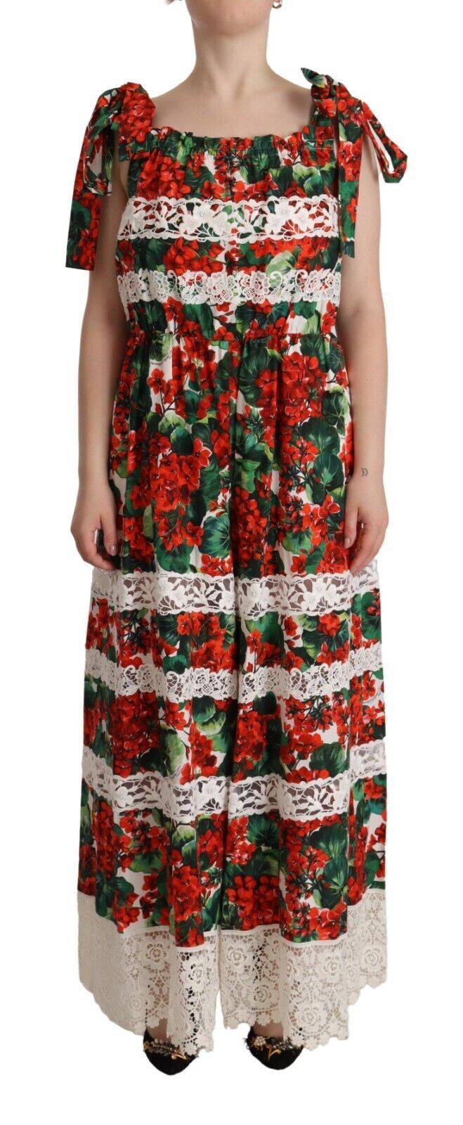 Dolce & Gabbana – Langes Maxikleid aus Spitze mit mehrfarbigem Geranien-Print