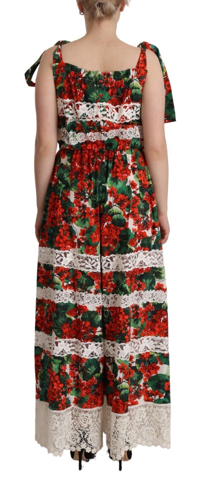 Dolce & Gabbana – Langes Maxikleid aus Spitze mit mehrfarbigem Geranien-Print