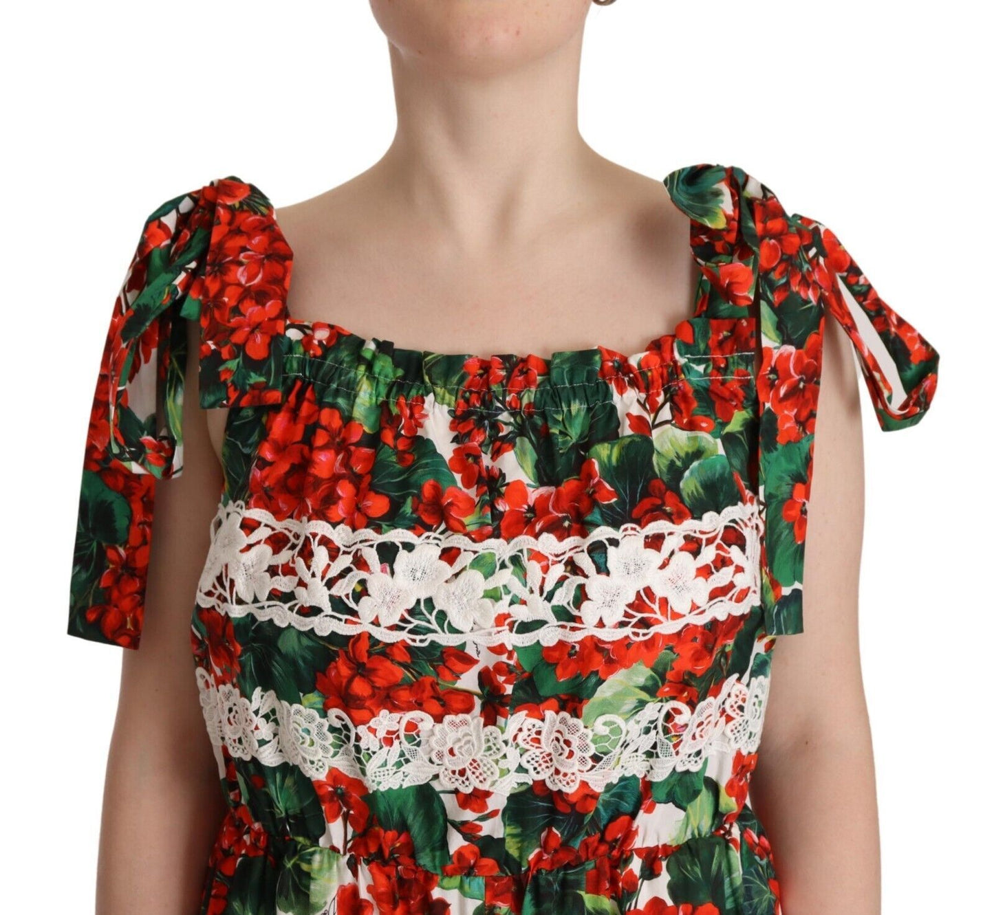 Dolce & Gabbana – Langes Maxikleid aus Spitze mit mehrfarbigem Geranien-Print