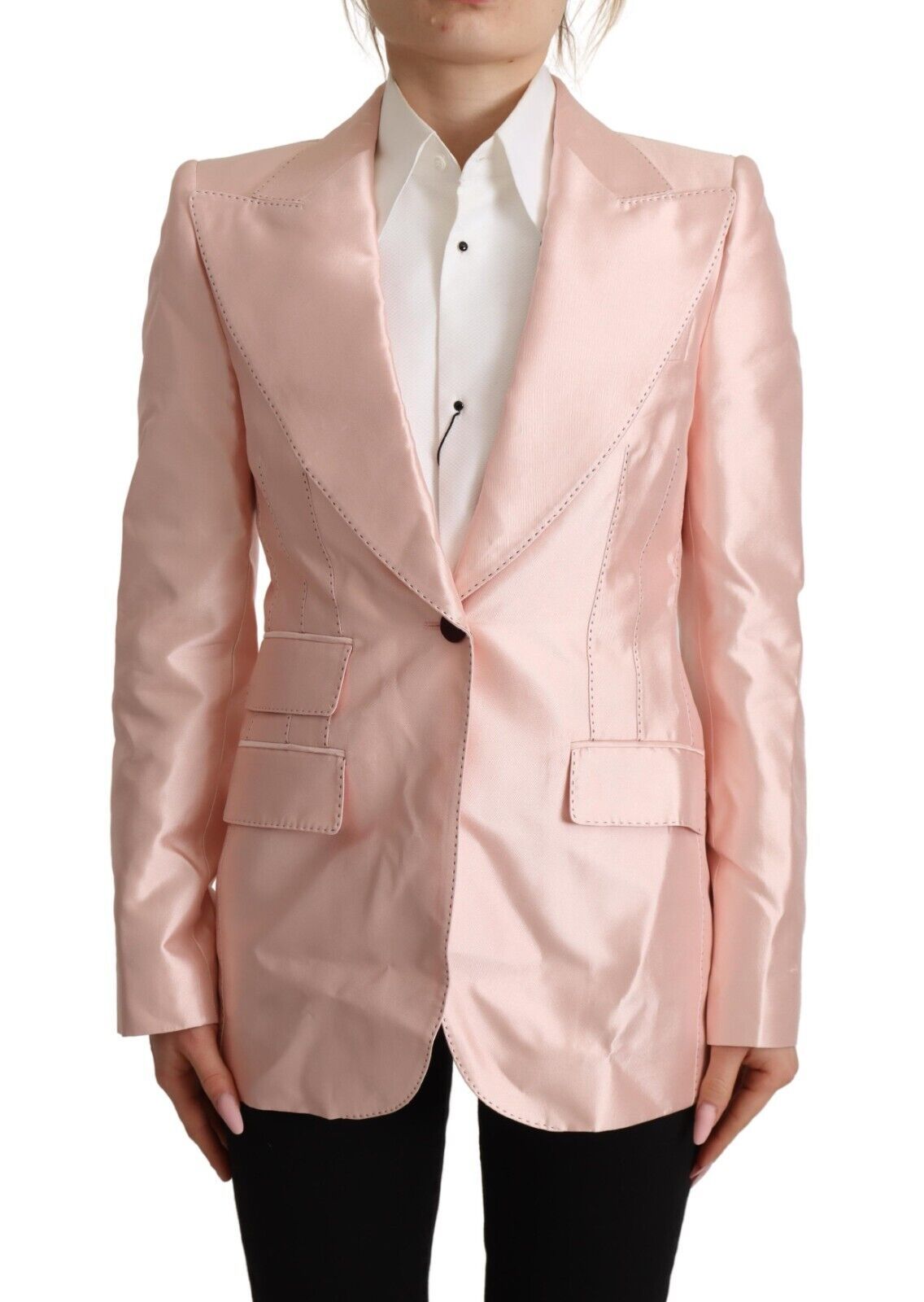 Dolce & Gabbana – Blazer-Manteljacke aus rosa Satin mit langen Ärmeln