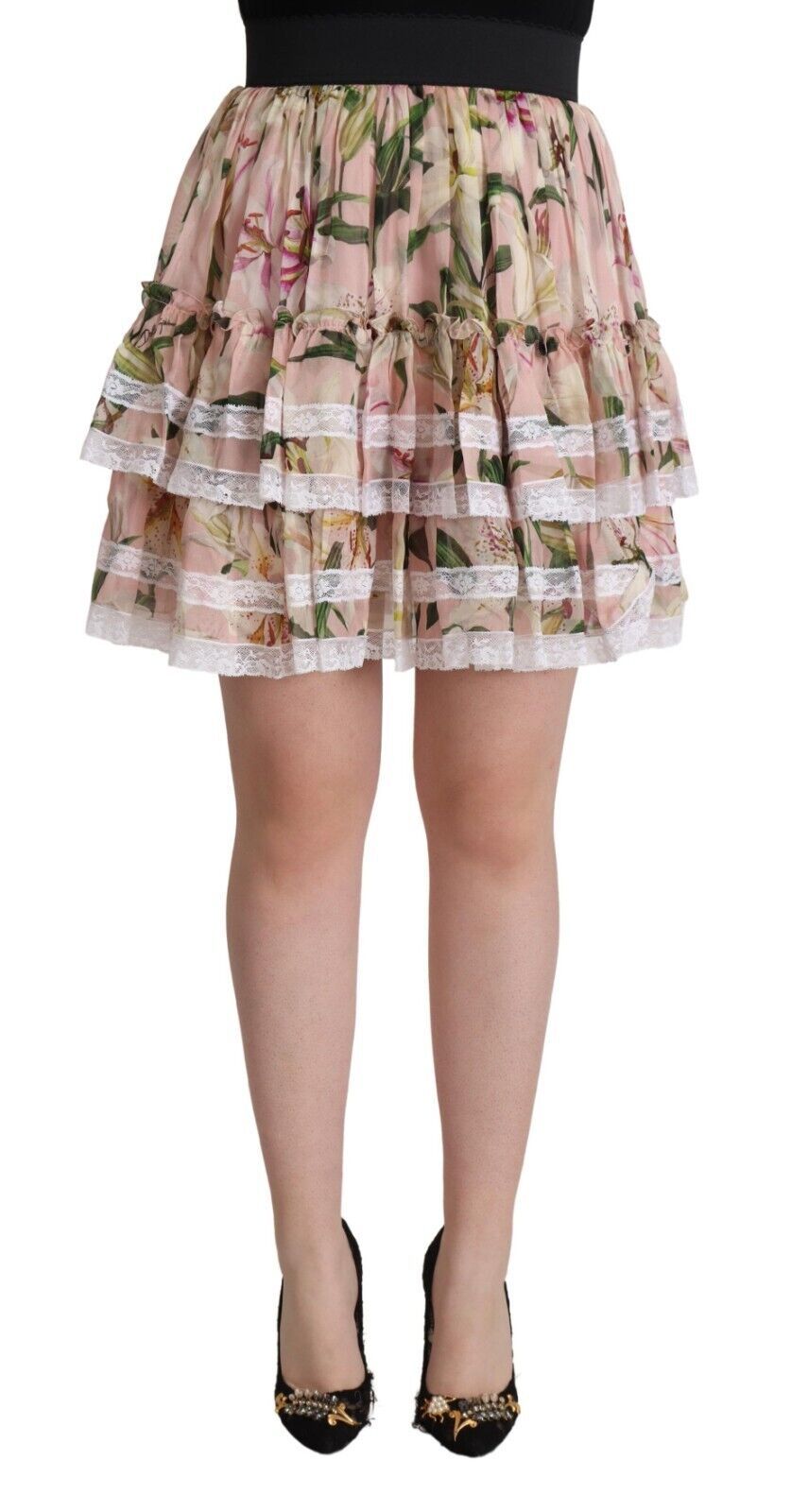 Dolce & Gabbana – Mini-Stufenrock aus Seide in A-Linie mit rosa Lilien-Print