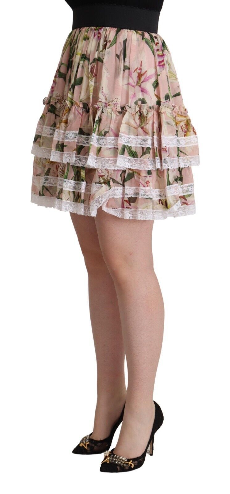 Dolce & Gabbana – Mini-Stufenrock aus Seide in A-Linie mit rosa Lilien-Print