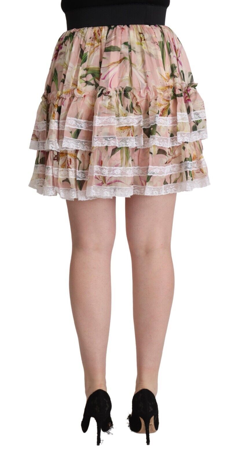 Dolce & Gabbana – Mini-Stufenrock aus Seide in A-Linie mit rosa Lilien-Print