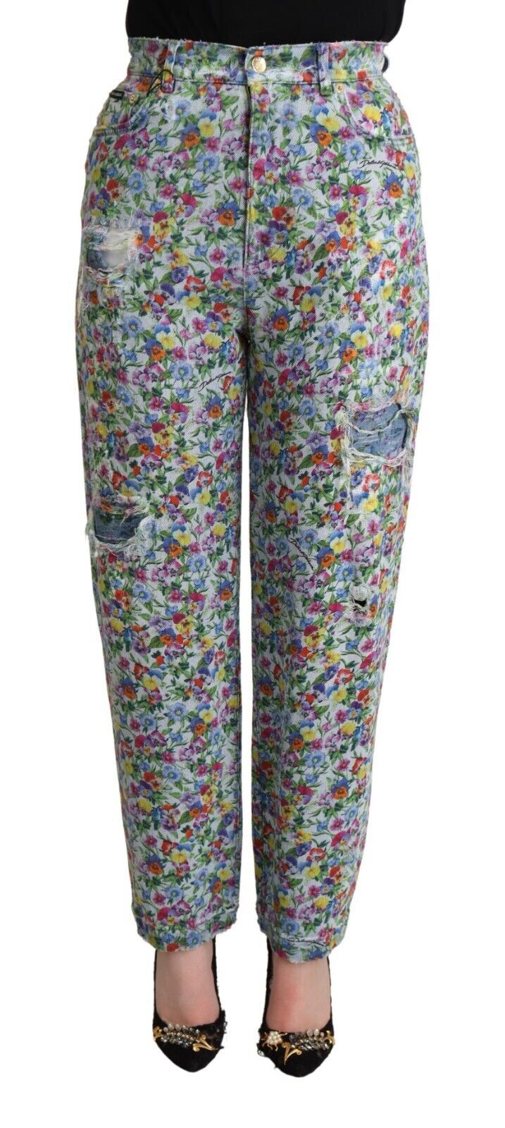 Dolce & Gabbana – Blaue, schmal zulaufende Jeans aus Denim mit Blumenmuster und hoher Taille