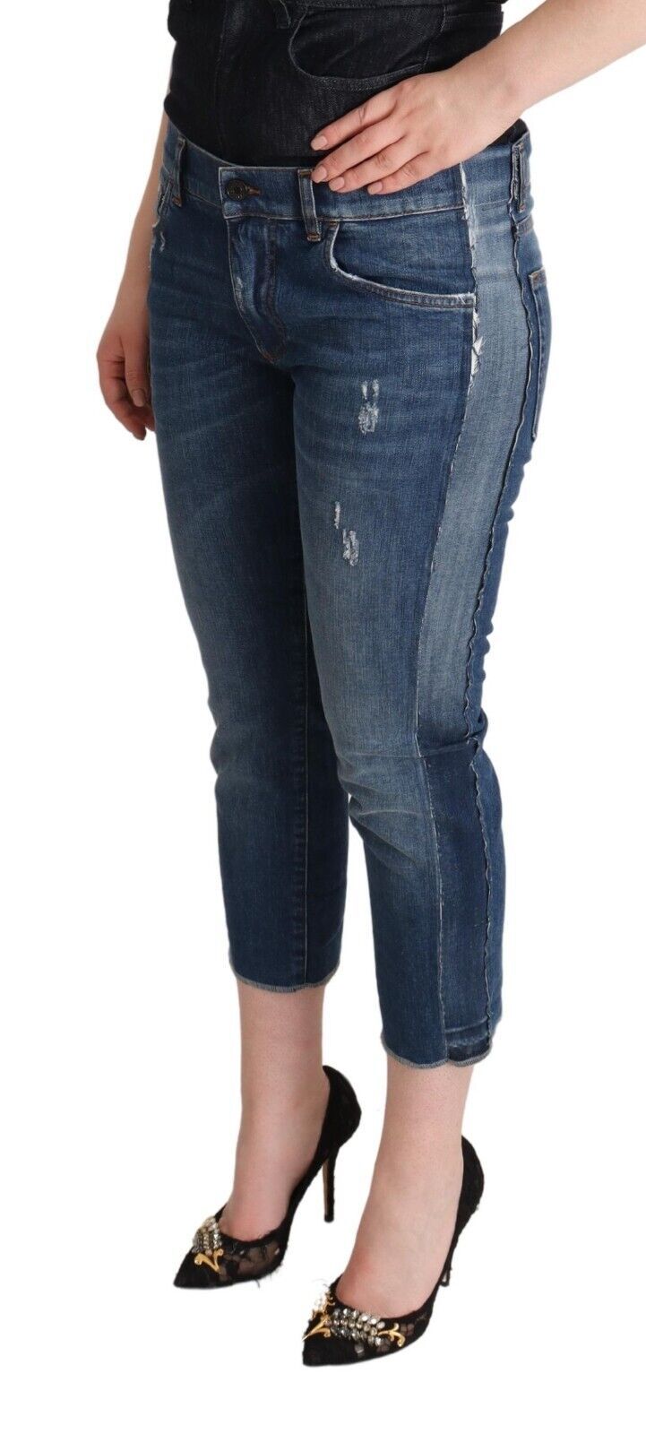 Dolce & Gabbana – Blau verwaschene, verkürzte Jeans mit Logo und mittlerer Taille