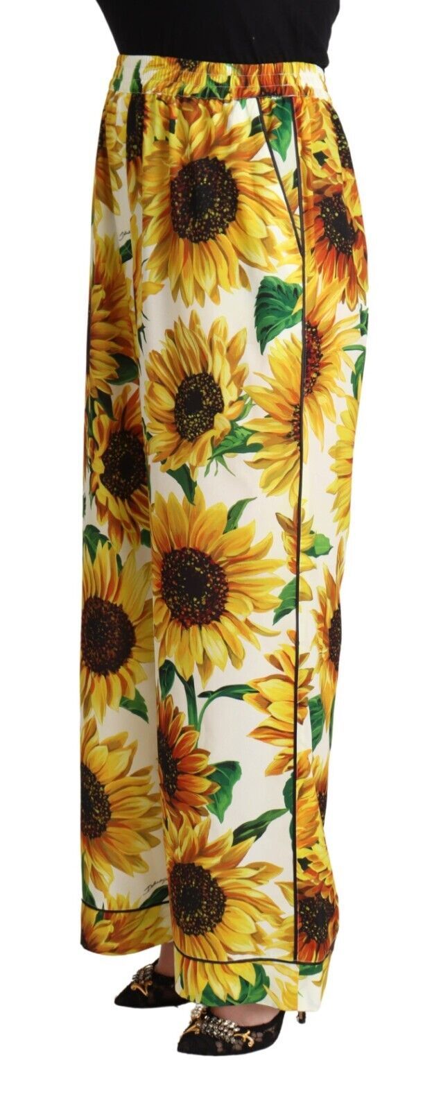 Dolce & Gabbana – Weiße Hose mit weitem Bein und Sonnenblumen-Print, mittlere Taille