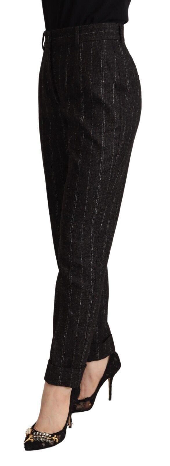 Dolce & Gabbana – Schwarze, gestreifte, konische Hose mit hoher Taille