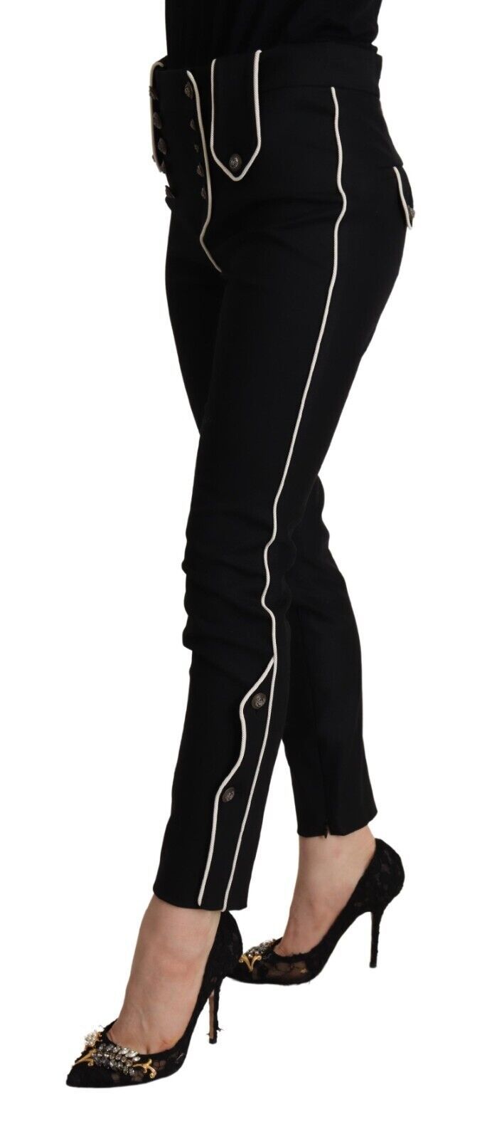Dolce & Gabbana – Schwarze Slim-Fit-Hose mit mittelhohem Bund und Knopfverzierung