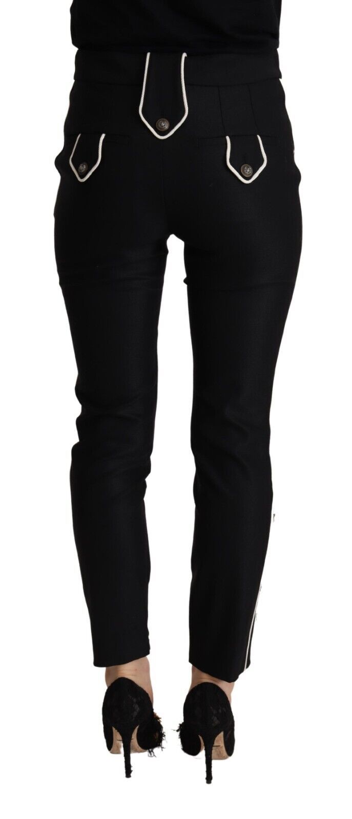 Dolce & Gabbana – Schwarze Slim-Fit-Hose mit mittelhohem Bund und Knopfverzierung
