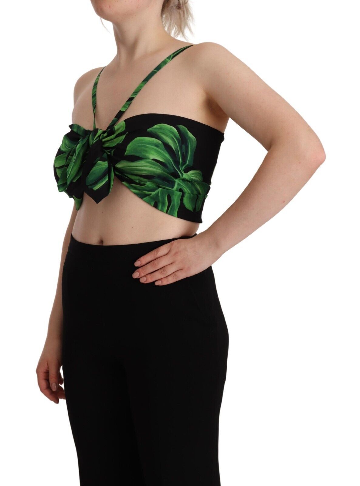 Dolce & Gabbana – Neckholder-Crop-Top aus Seide mit schwarzen und grünen Blättern