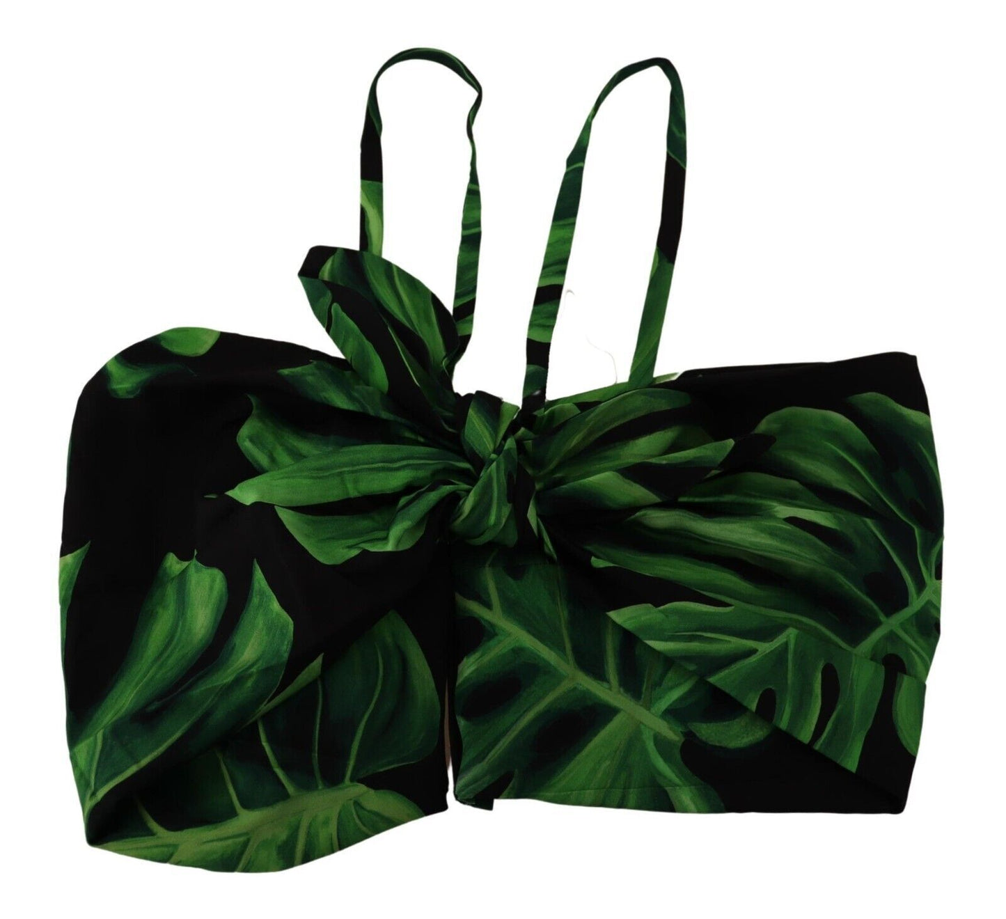 Dolce & Gabbana – Neckholder-Crop-Top aus Seide mit schwarzen und grünen Blättern