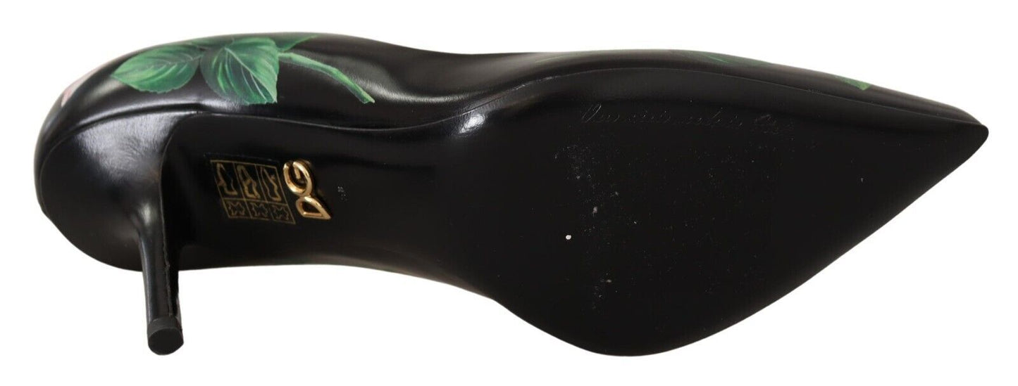 Dolce & Gabbana Schwarze Leder Rosen High Heels Pumps Schuhe