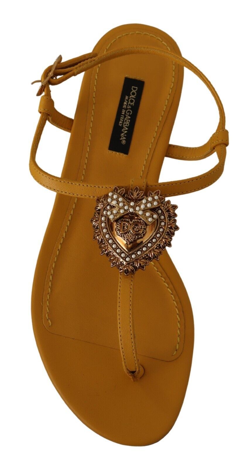 Dolce & Gabbana – Devotion – Flache Sandalen aus senffarbenem Leder
