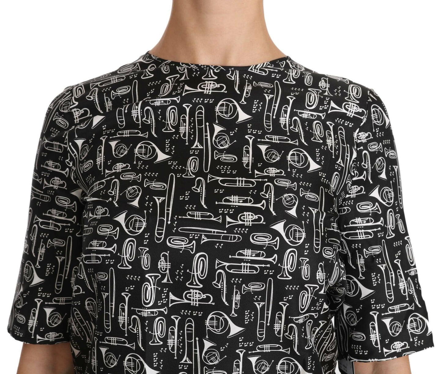 Dolce & Gabbana – Schwarze Seidenbluse mit Musikinstrumenten-Print