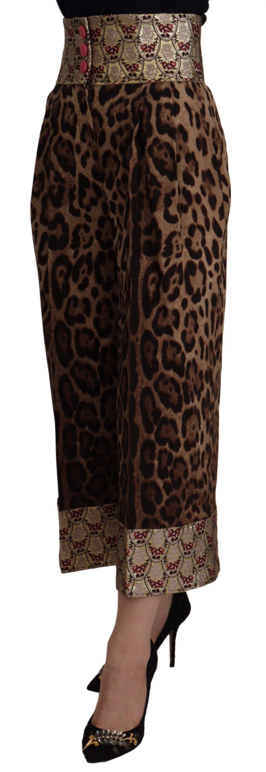 Dolce & Gabbana – Braune, goldfarbene Jacquard-Hose mit hoher Taille und Leopardenmuster