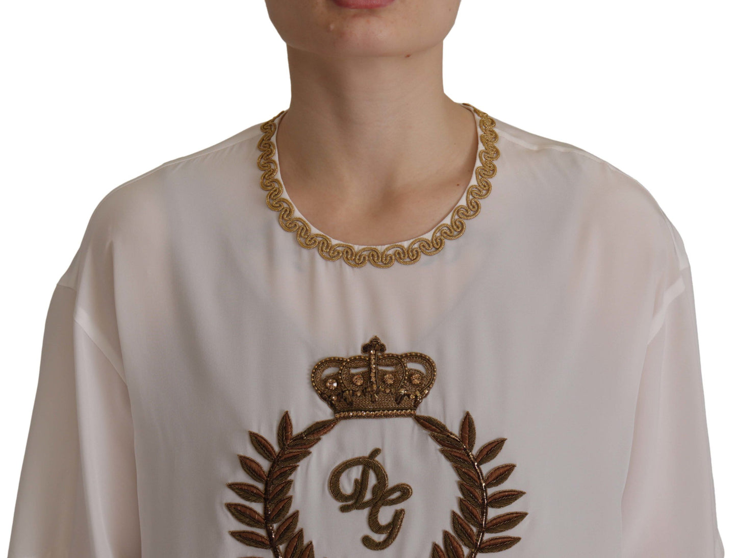 Dolce & Gabbana Blusentop aus weißer Seide mit goldener DG-Krone und Kristallen