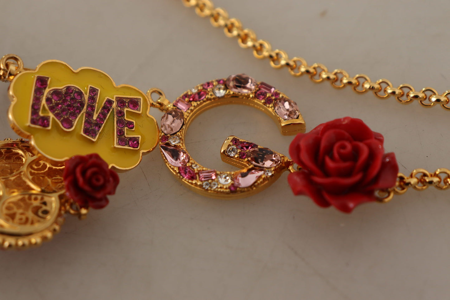 Dolce & Gabbana Gold Rose Love Kristall Charm Kette Halskette