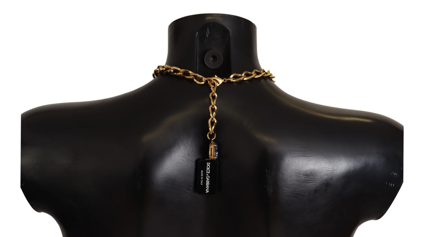 Dolce & Gabbana Halskette mit Anhängern aus goldenem Messing mit Kristallen, lila und rosa Perlen