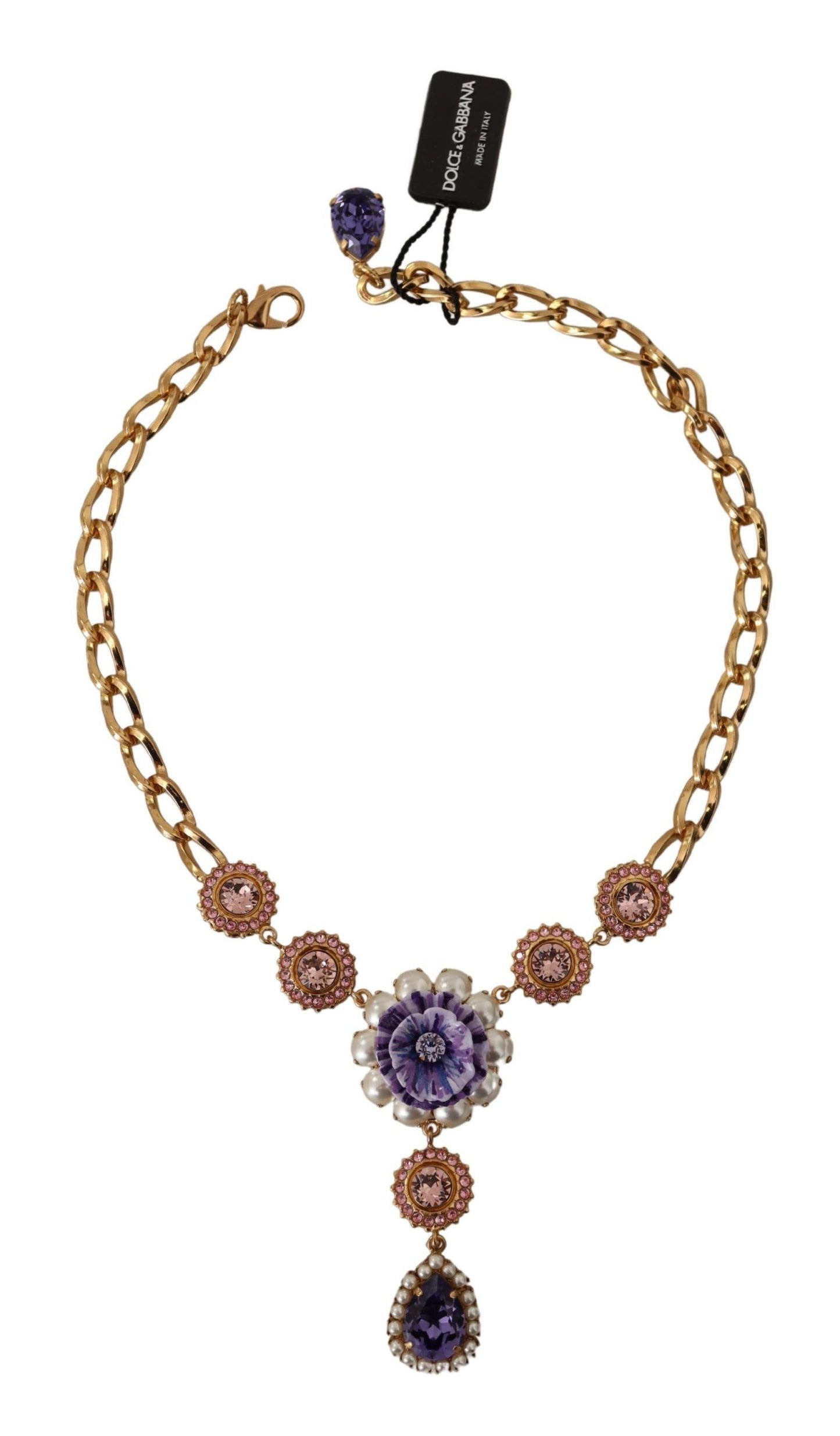 Dolce & Gabbana Halskette mit Anhängern aus goldenem Messing mit Kristallen, lila und rosa Perlen