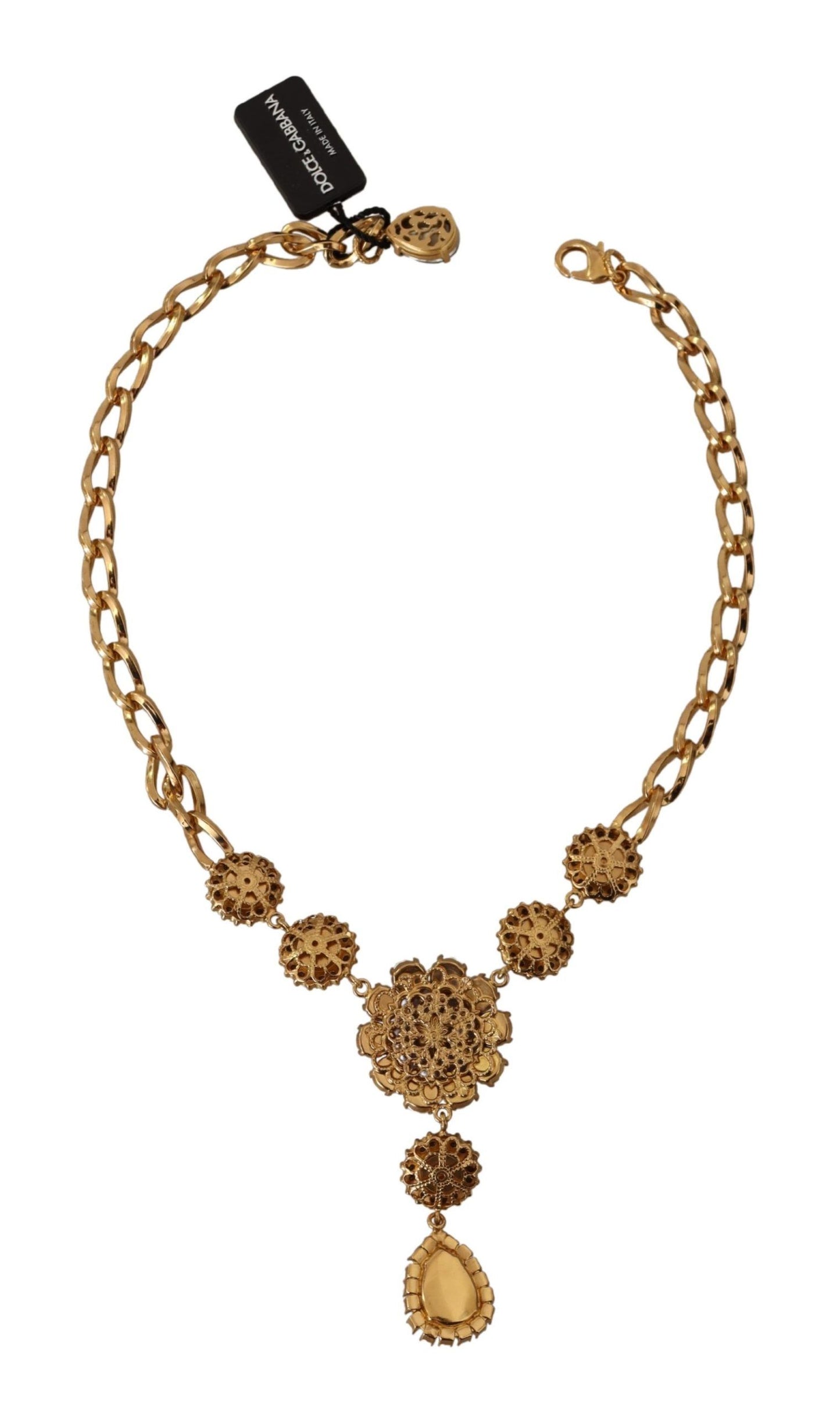 Dolce & Gabbana Halskette mit Anhängern aus goldenem Messing mit Kristallen, lila und rosa Perlen