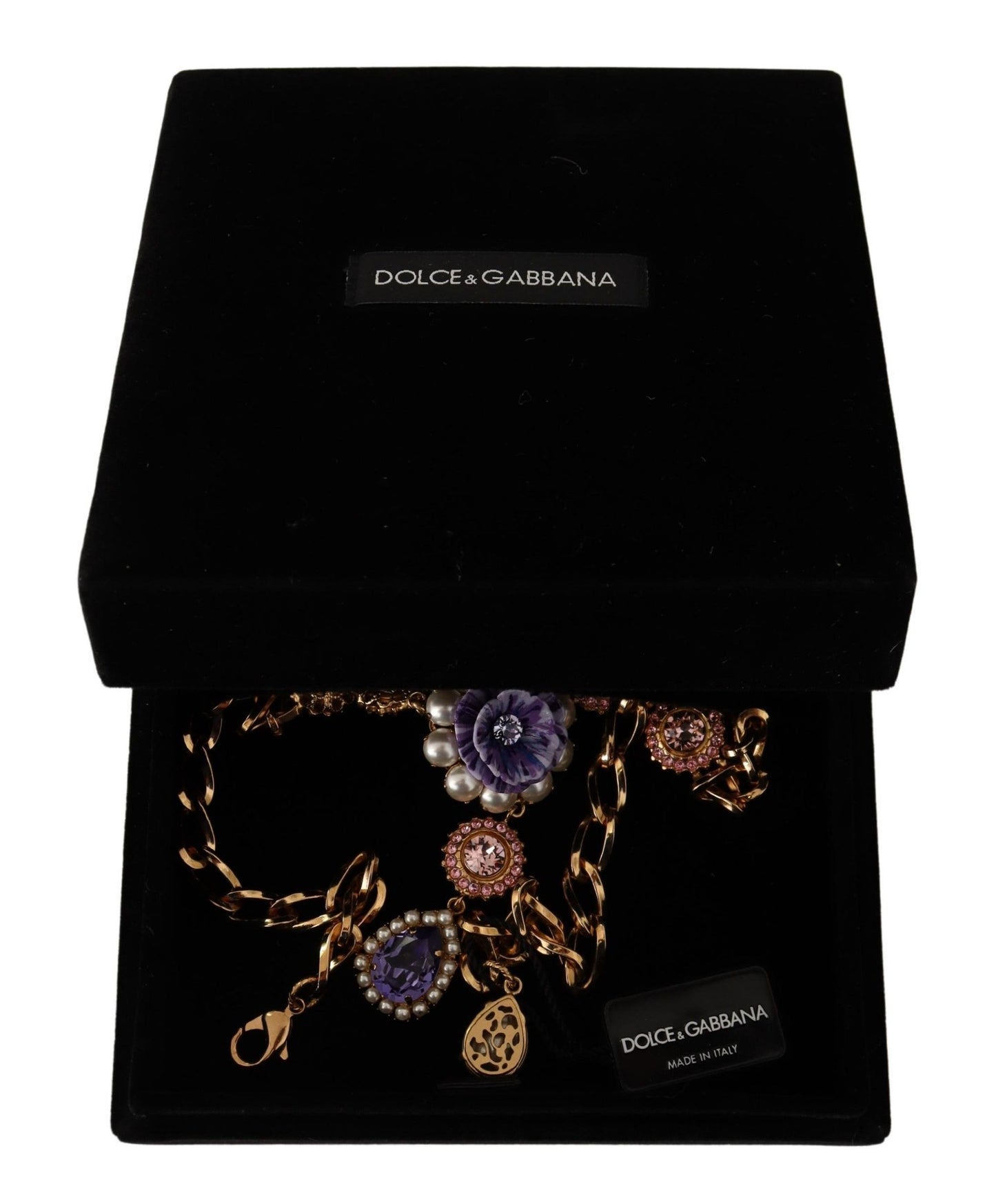 Dolce & Gabbana Halskette mit Anhängern aus goldenem Messing mit Kristallen, lila und rosa Perlen