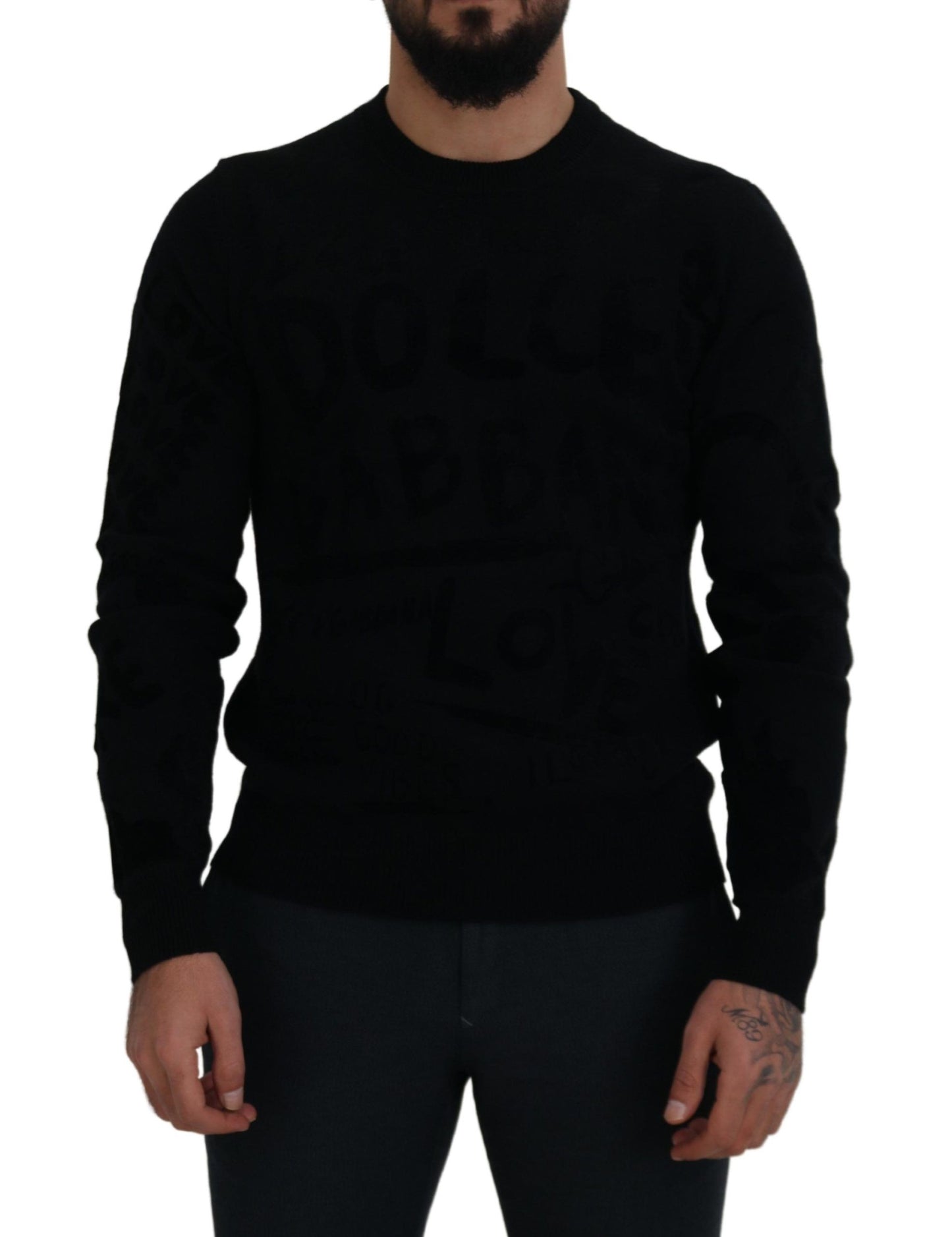 Dolce & Gabbana – Schwarzer Pullover mit Rundhalsausschnitt aus Wolle mit Logomuster