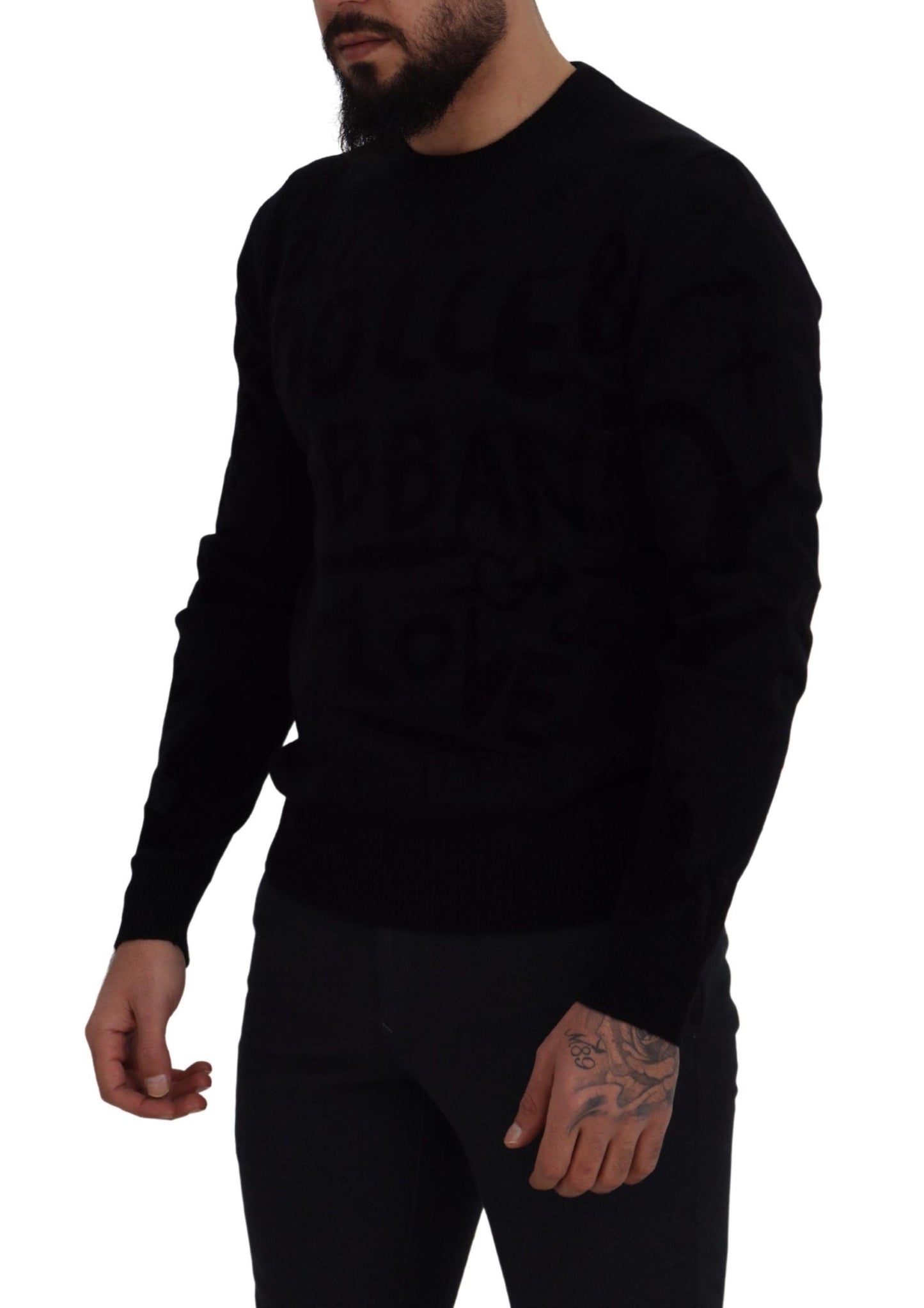 Dolce & Gabbana – Schwarzer Pullover mit Rundhalsausschnitt aus Wolle mit Logomuster