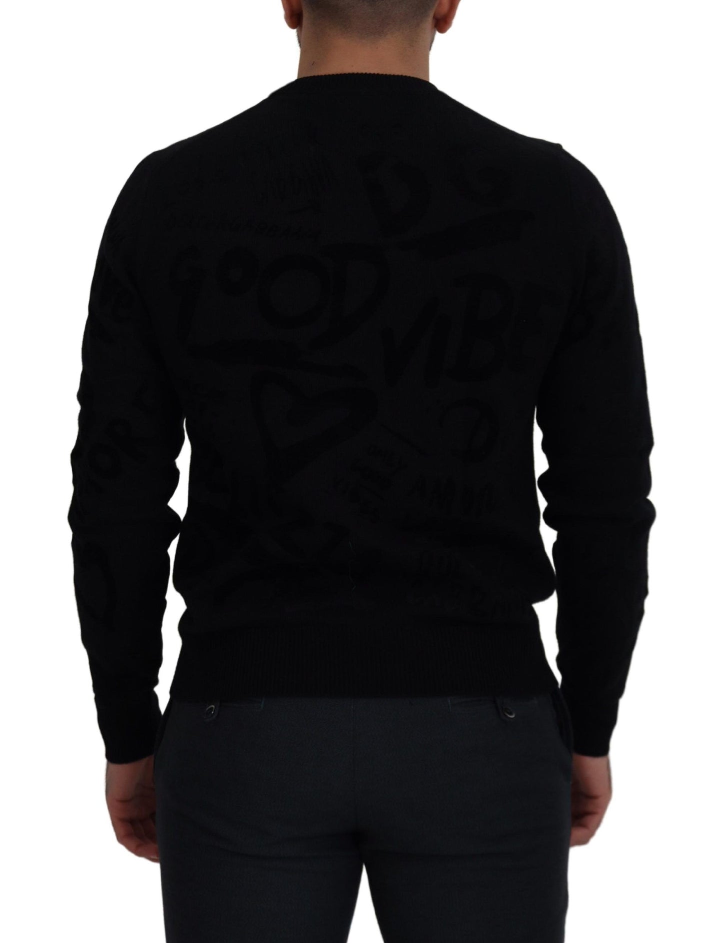 Dolce & Gabbana – Schwarzer Pullover mit Rundhalsausschnitt aus Wolle mit Logomuster
