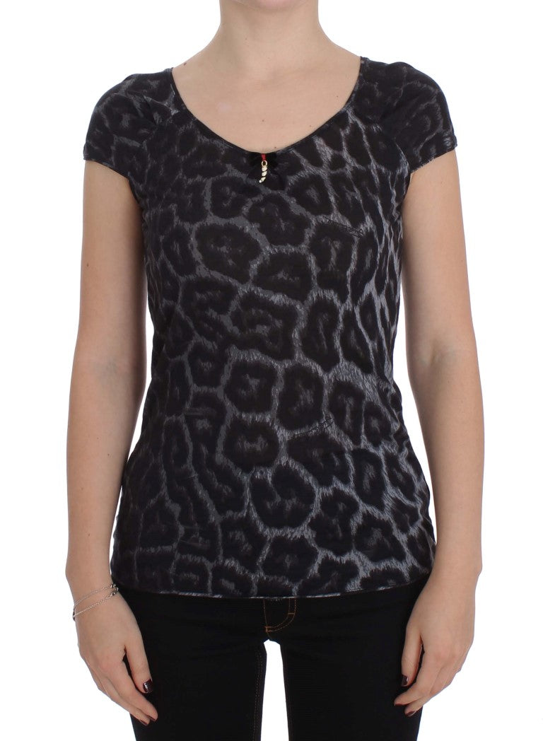 Cavalli – Graues T-Shirt mit Leopardenmuster und Bluse aus Modal