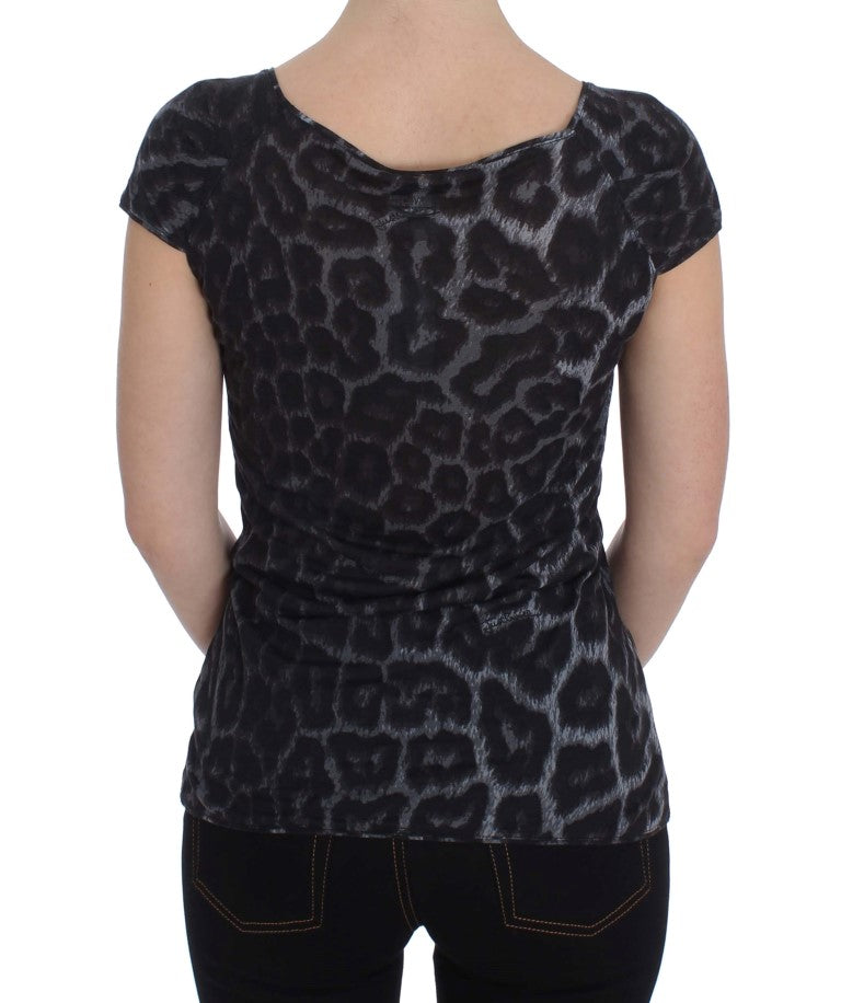 Cavalli – Graues T-Shirt mit Leopardenmuster und Bluse aus Modal