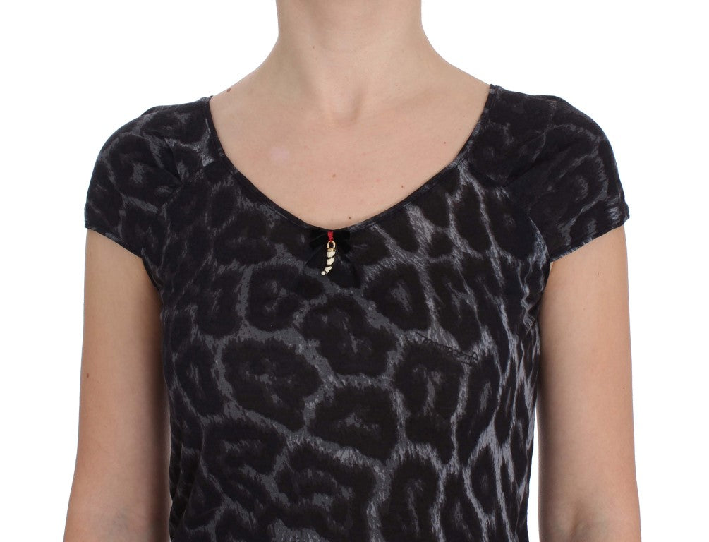 Cavalli – Graues T-Shirt mit Leopardenmuster und Bluse aus Modal
