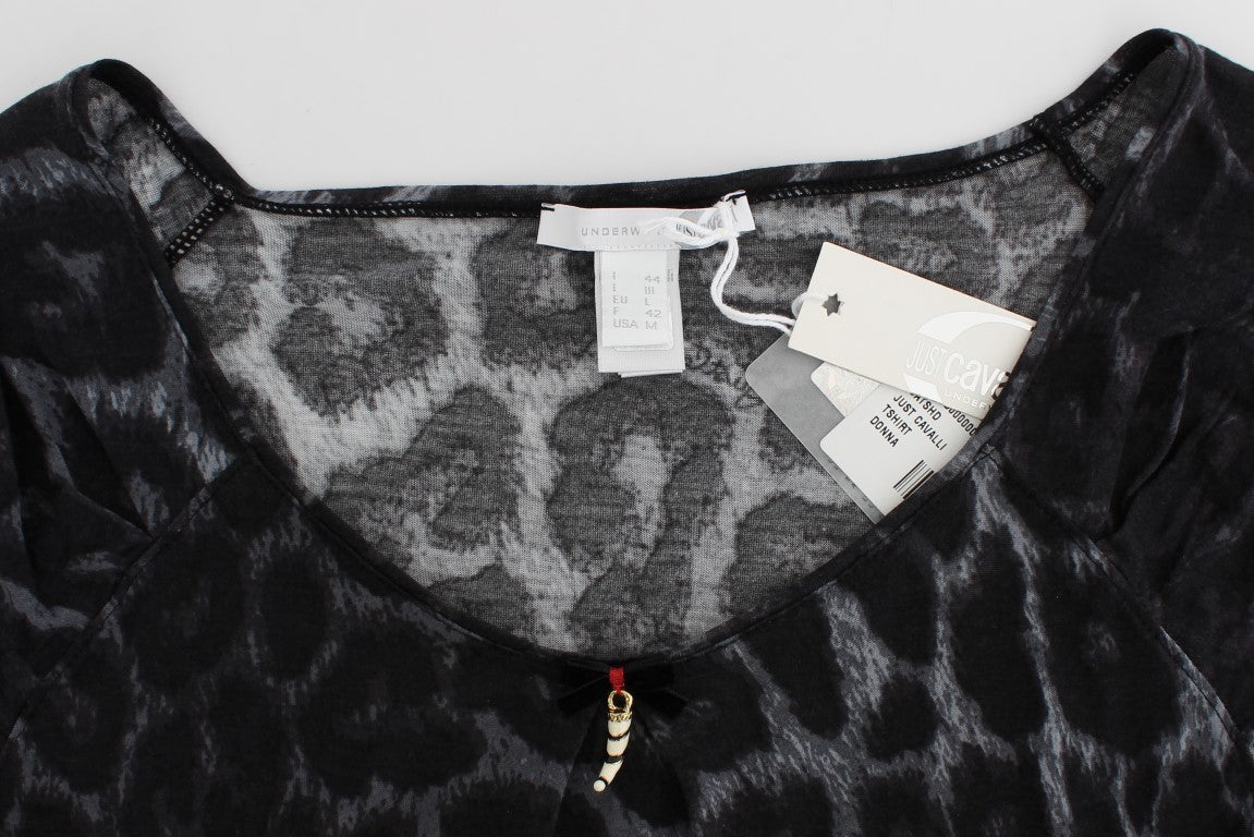 Cavalli – Graues T-Shirt mit Leopardenmuster und Bluse aus Modal