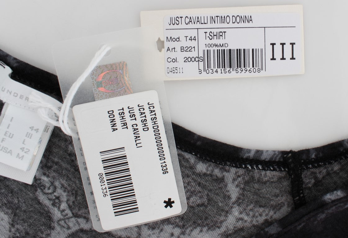 Cavalli – Graues T-Shirt mit Leopardenmuster und Bluse aus Modal