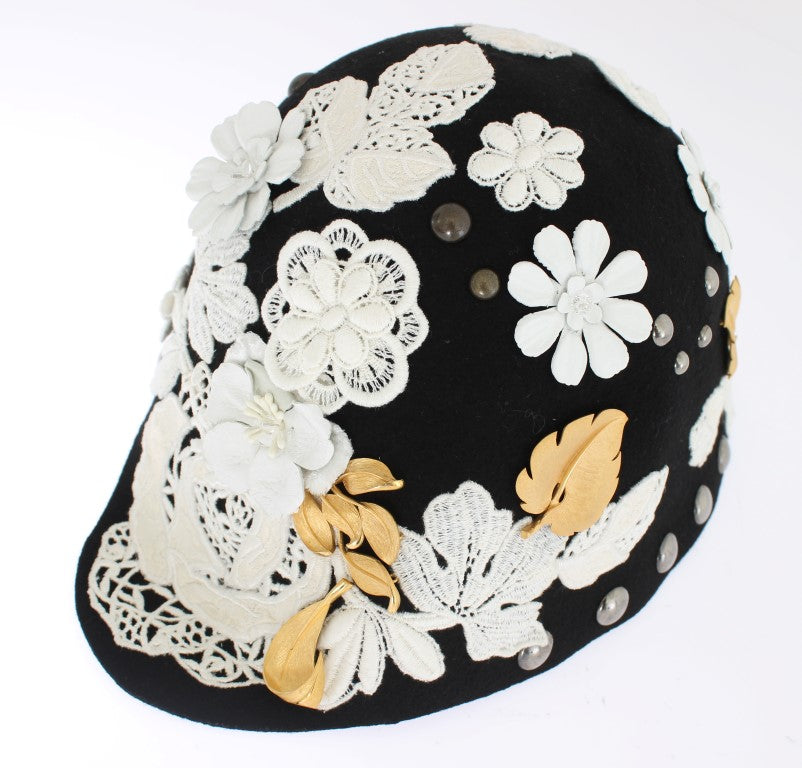 Dolce & Gabbana Hut aus schwarzer Wolle mit weißem Blumenmuster und Blattgold