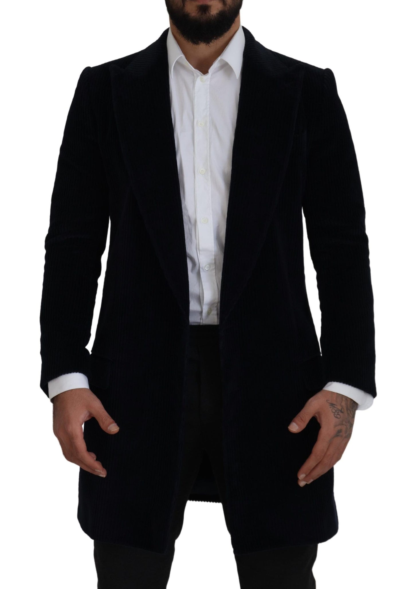 Dolce & Gabbana Schwarzer Baumwoll-Cardigan, langer Mantel, Herrenjacke